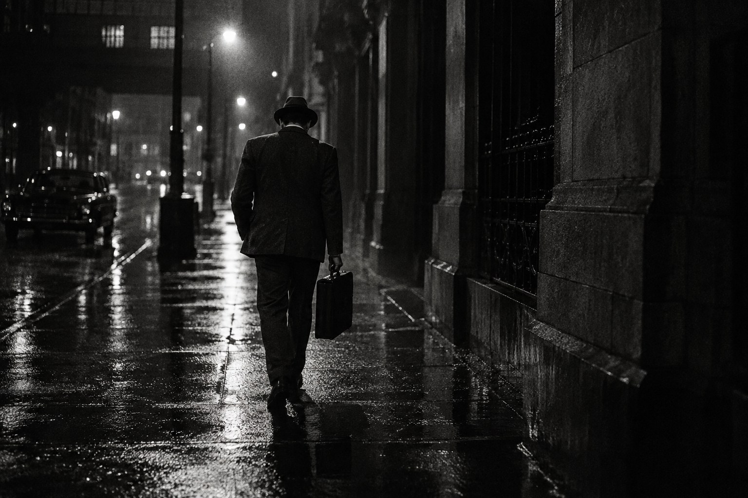 A discreet figure carrying a briefcase along a rain-darkened street